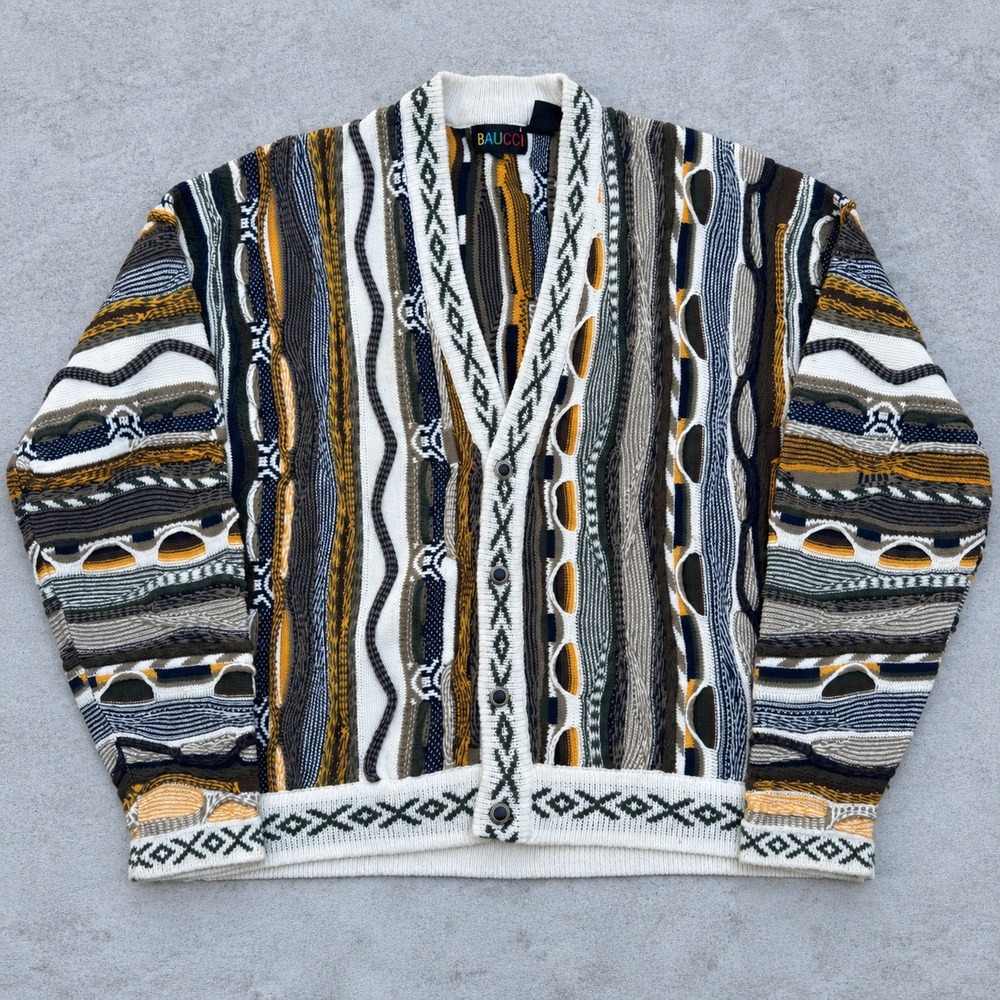 Baucci Vintage 90s 3D Knit Cardigan Sweater Mens Multi Color Coogi Style